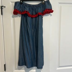 Aqua off the shoulder, denim dress. Size Medium.